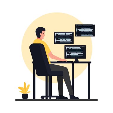 Adam masalara oturur ve kod uygulamaları yapar. Düz programlama illüstrasyonu.