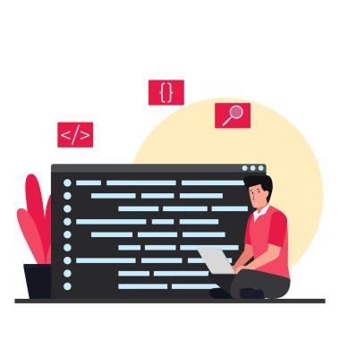 Adam oturur ve başvuruları kodlar. Düz programlama illüstrasyonu.