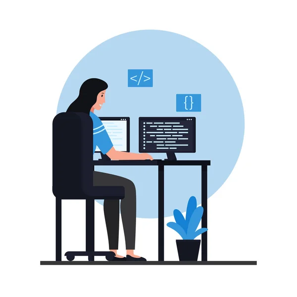 Les Femmes Assoient Aux Bureaux Aux Applications Code Illustration Programmation — Image vectorielle