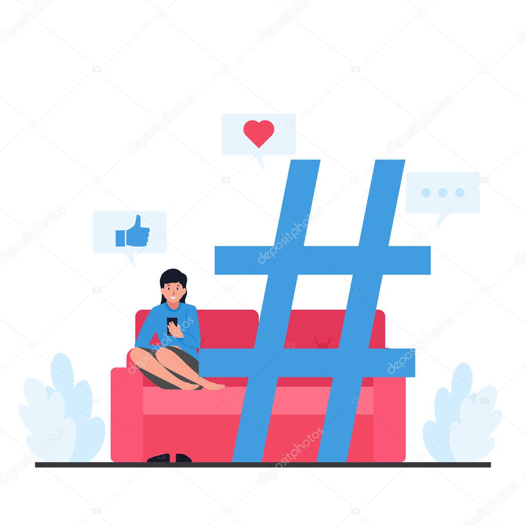 Women sitting on sofas holding phones next to a large hash tag.