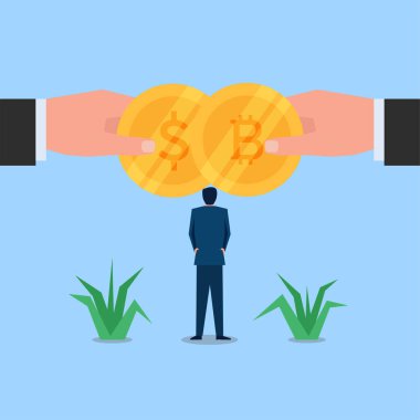 Adam paranın ve Bitcoin 'in önünde duruyor.