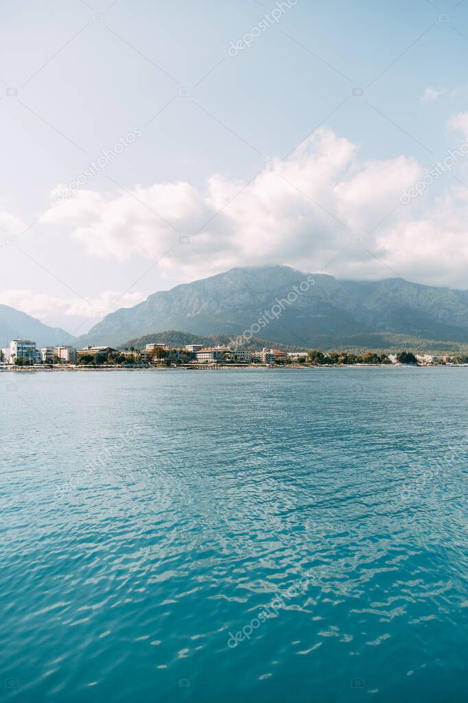 Beautiful Turkish coast with blue sea. Light landscape with a minimalistic style.
