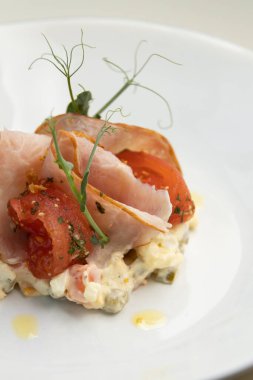 Restoran yemeği, beyaz tabakta, yakın plan. Jambon, maydanoz ve domatesli sebze salatası..