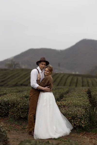 A farm-style wedding on a mountain tea plantation. The couple enjoys the view of nature among the tea plantations.