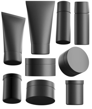 Siyah kozmetik spreyleri beyaz arka planda izole edilmiş. 3D görüntüleme, farklı açılardan boş şişeler.