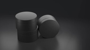 Siyah bir şişe ve kavanoz, siyah arka planda kozmetik, bir şişe parfüm. 3D görüntüleme, karanlık ve vahşi bir düzende metin için bir yer.