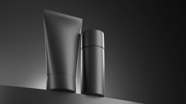 Siyah bir şişe ve kavanoz, siyah arka planda kozmetik, bir şişe parfüm. 3D görüntüleme, karanlık ve vahşi bir düzende metin için bir yer.