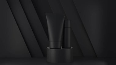 Kozmetik ürünleri için koyu geometrik arka plan, 3 boyutlu görüntüleme. Soyut arkaplan, sahne düzeni, ürün gösterileri için podyumun geometrik şekli.