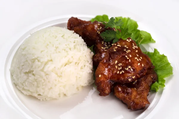 Sweet sour kyckling med ris — Stockfoto