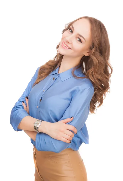 Menina bonita em uma camisa azul — Fotografia de Stock