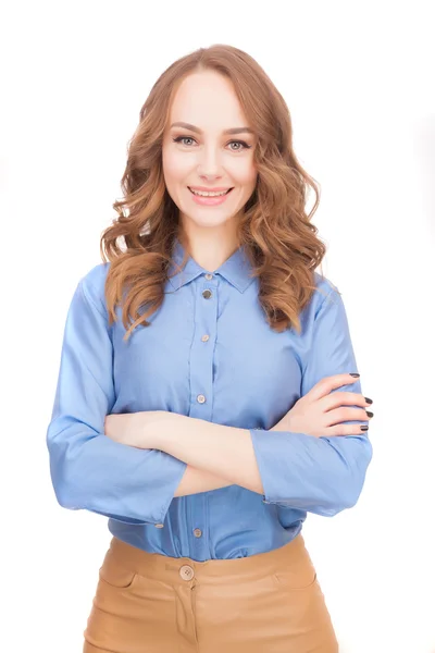 Menina bonita em uma camisa azul — Fotografia de Stock