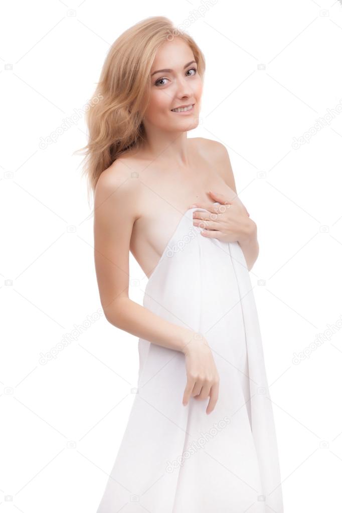 The beautiful blonde with a white cloth