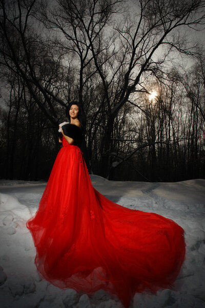 Beautiful brunette in a red dress against the background of the winter forest.