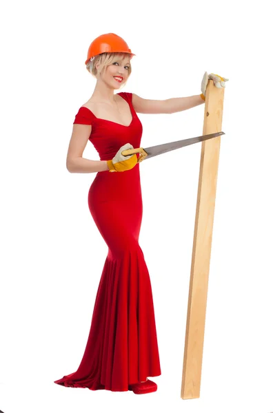 Beautiful blonde in a red dress — Stock Photo, Image