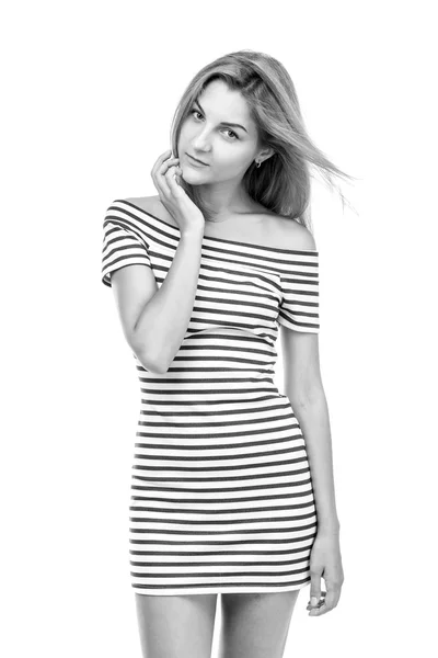 Girl in a striped dress — Stock Photo, Image