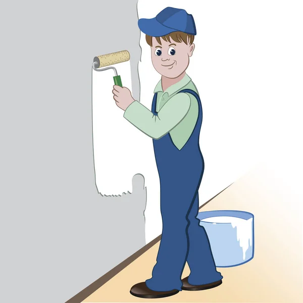 Duvarı boyayan ve silindirli bir işçinin resmi