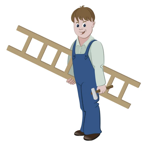 Illustration Repairman Worker Standing Ladder Hammer — Stock Vector