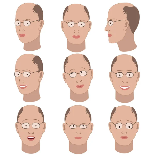 Set Variation Emotions Same Bald Guy Glasses — Stock Vector