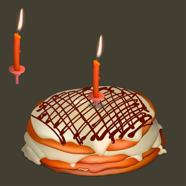Tereyağlı kremalı ve yanan mumlu tatlı pasta. Gerçekçi vektör illüstrasyonu.   