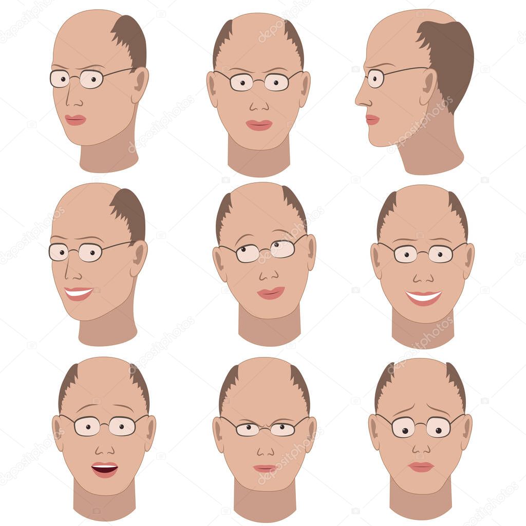 Set of variation of emotions of the same bald guy with glasses
