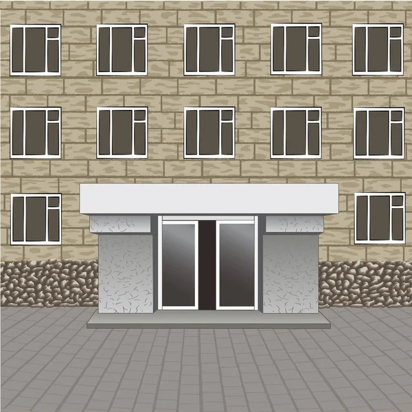 Binanın önü, ismin için boş tabelası olan giriş, kaldırım.