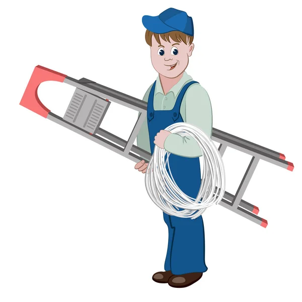 Elektrikçi ya da kablolu TV tamircisinin merdiven ve kabloyla durduğu bir görüntü..