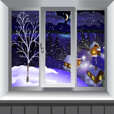 Kasabanın penceresinden tepenin manzarasına bak. Kış