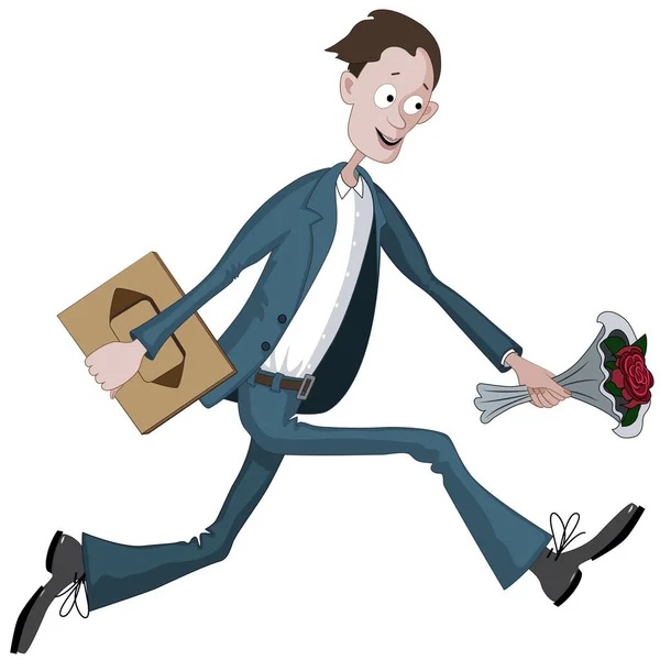 Çizgi filmci elinde bir kutu çikolata ve çiçekle aceleyle koşuyor.