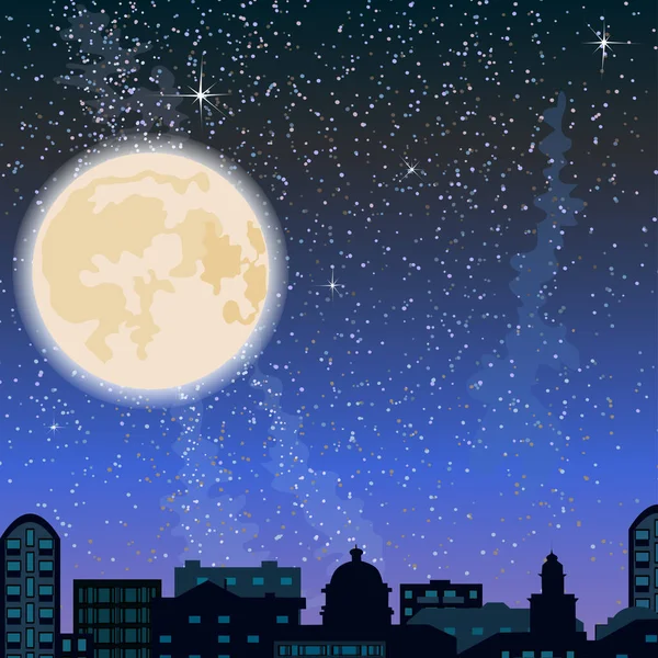 Geceleri gökyüzü, binalar ve büyük ay.