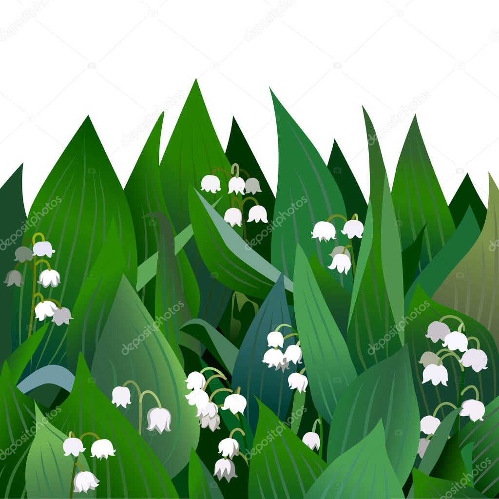 Blossoming lilies of the valley flowers and leaves