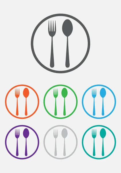 Icono de tenedor y cuchara - signo del restaurante. Botones de círculo redondo con marco — Vector de stock