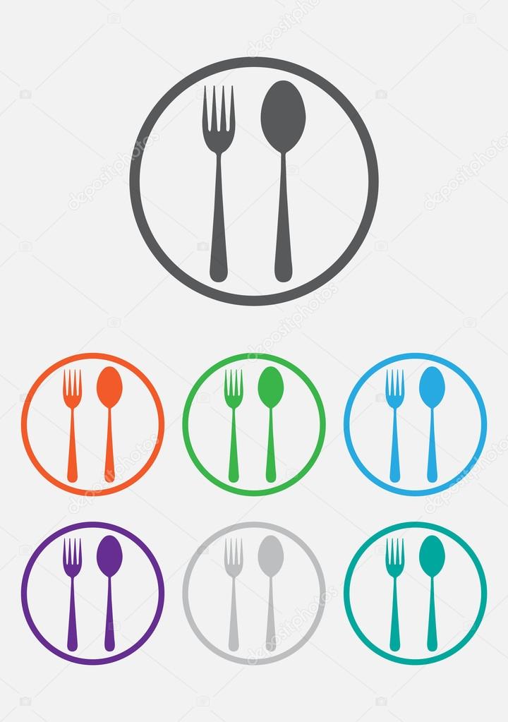 Fork and spoon icon - restaurant sign. Round circle buttons with frame