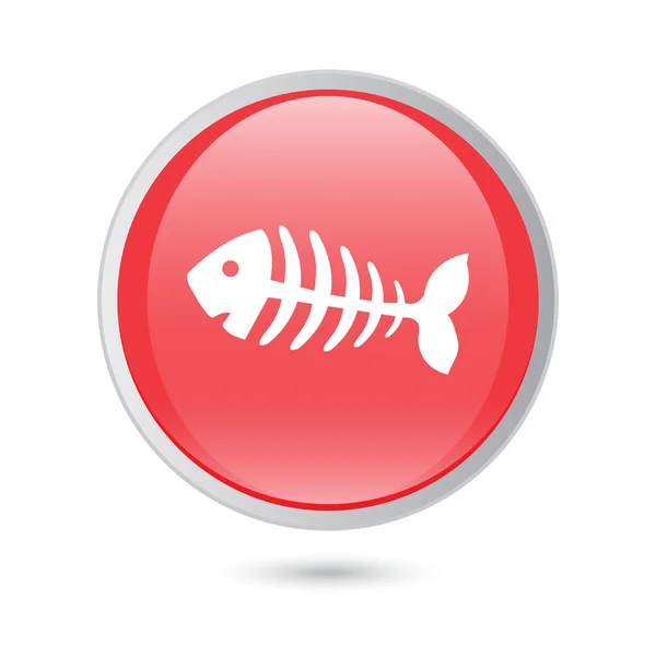 물고기 뼈, 해골 물고기. 빨간 광택 있는 버튼 — 스톡 벡터