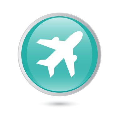 Uçak işareti. Uçak sembolü. Seyahat etmek simge. Uçuş düz etiket. mavi parlak düğme