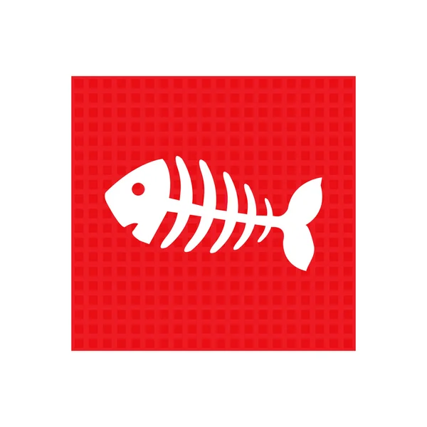 Hueso de pescado, esqueleto de pescado. botón cuadrado rojo — Vector de stock