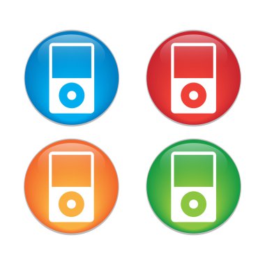 Taşınabilir kitle iletişim araçları oyuncu simgesi. Düz tasarım stili. Cam düğme simge seti