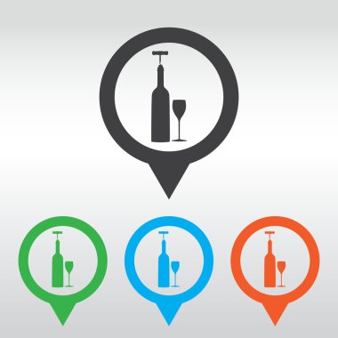 şarap şarap şişesi, şarap cam, tirbuşon de dahil olmak üzere ilgili simgeler vektör. simge harita PIN