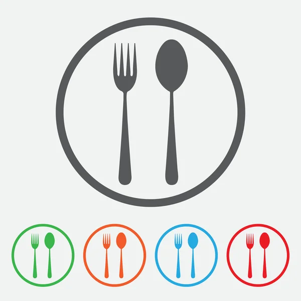 Tenedor y cuchara icono - signo del restaurante,. Colección botón redondo — Vector de stock