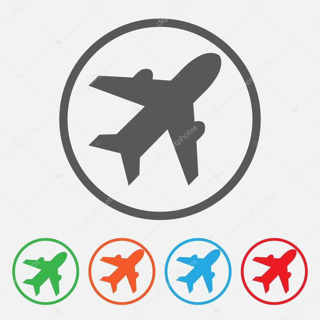 Airplane sign. Plane symbol. Travel icon. Flight flat label.  Round Button Collection 