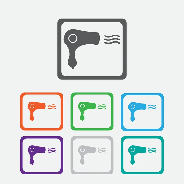 Hairdryer sign icon. Hair drying symbol. Blowing hot air. Turn on. Square colourful buttons. Vector — Stock Vector