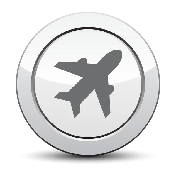 Vliegtuig teken. Vliegtuig symbool. Reizen pictogram. Vlucht platte etiket. Zilveren knop — Stockvector