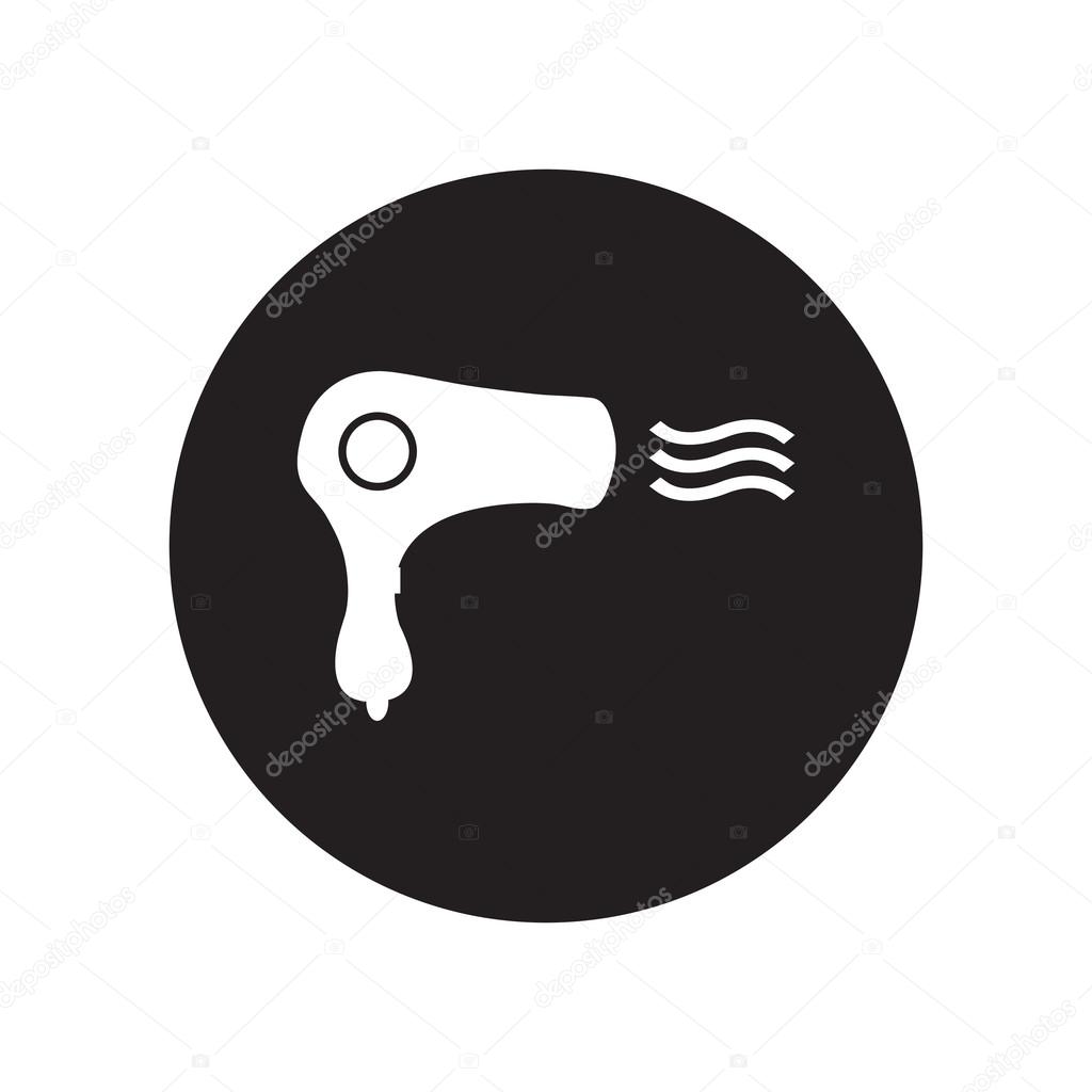 black and white Hairdryer sign icon. Hair drying symbol. Blowing hot air. Turn on.  Classic flat icon. Vector