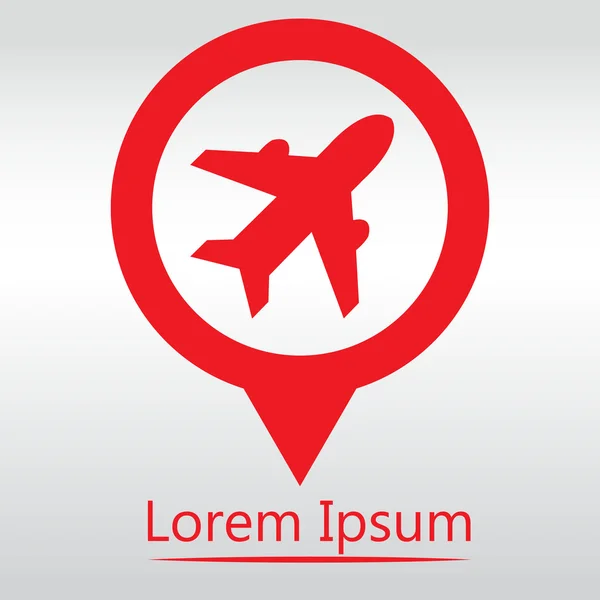 Firma del avión. Símbolo plano. Icono de viaje. Etiqueta plana de vuelo. icono rojo mapa pin — Archivo Imágenes Vectoriales