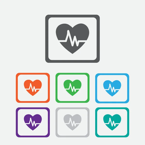 Battements cardiaques Échocardiographie Examen cardiaque Forme du cœur et battements cardiaques. Boutons carrés ronds avec cadre — Image vectorielle