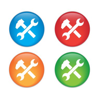 Çekiç ve anahtar vektör simgesine. düz sembolü, yuvarlak açılar, beyaz arka plan. parlak düğme