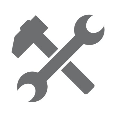 Çekiç ve anahtar vektör simgesine. düz sembolü, yuvarlak açılar, beyaz arka plan.