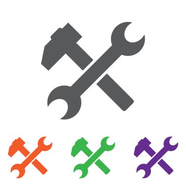 Çekiç ve anahtar vektör simgesine. düz sembolü, yuvarlak açılar, beyaz arka plan. renkli düğme