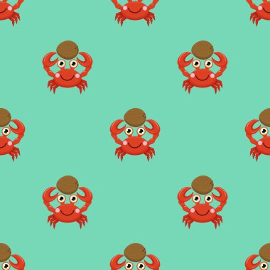 Şirin kawaii çizgi film yengeci gülümser ve başınızın üzerinde hindistan cevizi tutar, çocuklar için kusursuz bir vektör arkaplanı..