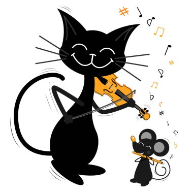 İki müzisyen-arkadaş, bir siyah kedi ve bir gri fare müzik çalıyorlar. Kara kedi keman çalıyor, sıçan flüt çalıyor. Çocuklar için müzik, arkadaşlık ve hayvanlar hakkında komik bir çizgi film çizimi.