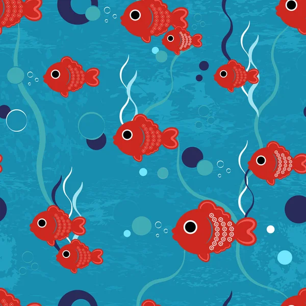 可爱的卡通红色的鱼在蓝色的波浪 气泡和海藻下面游来游去 这是一个无缝向量背景的孩子 有玩具鱼 它的鳞片就像花朵 — 图库矢量图片